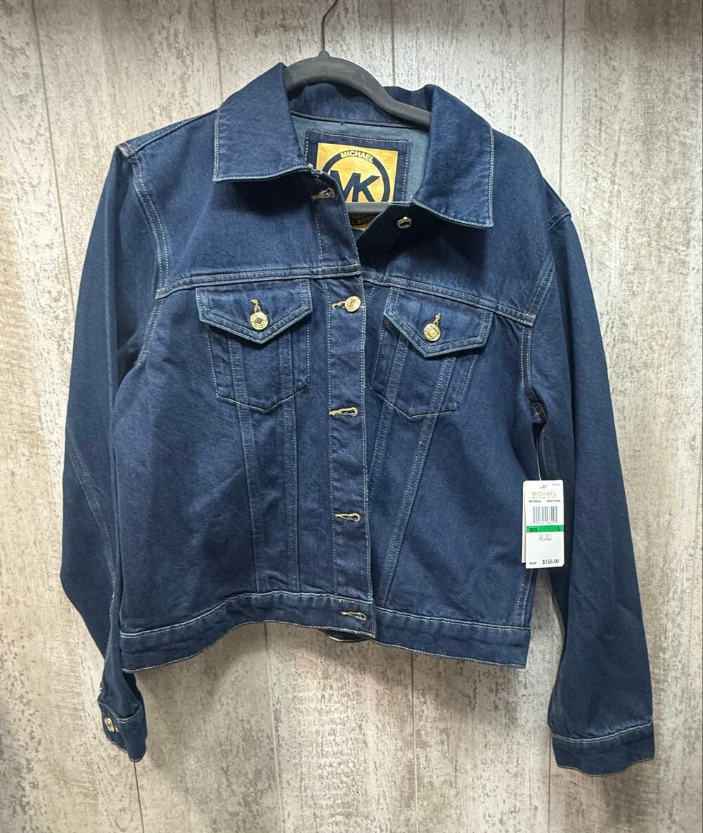 NWT Michael Kors Women’s Dark Wash Denim Jean Jacket Gold Button Trucker Large